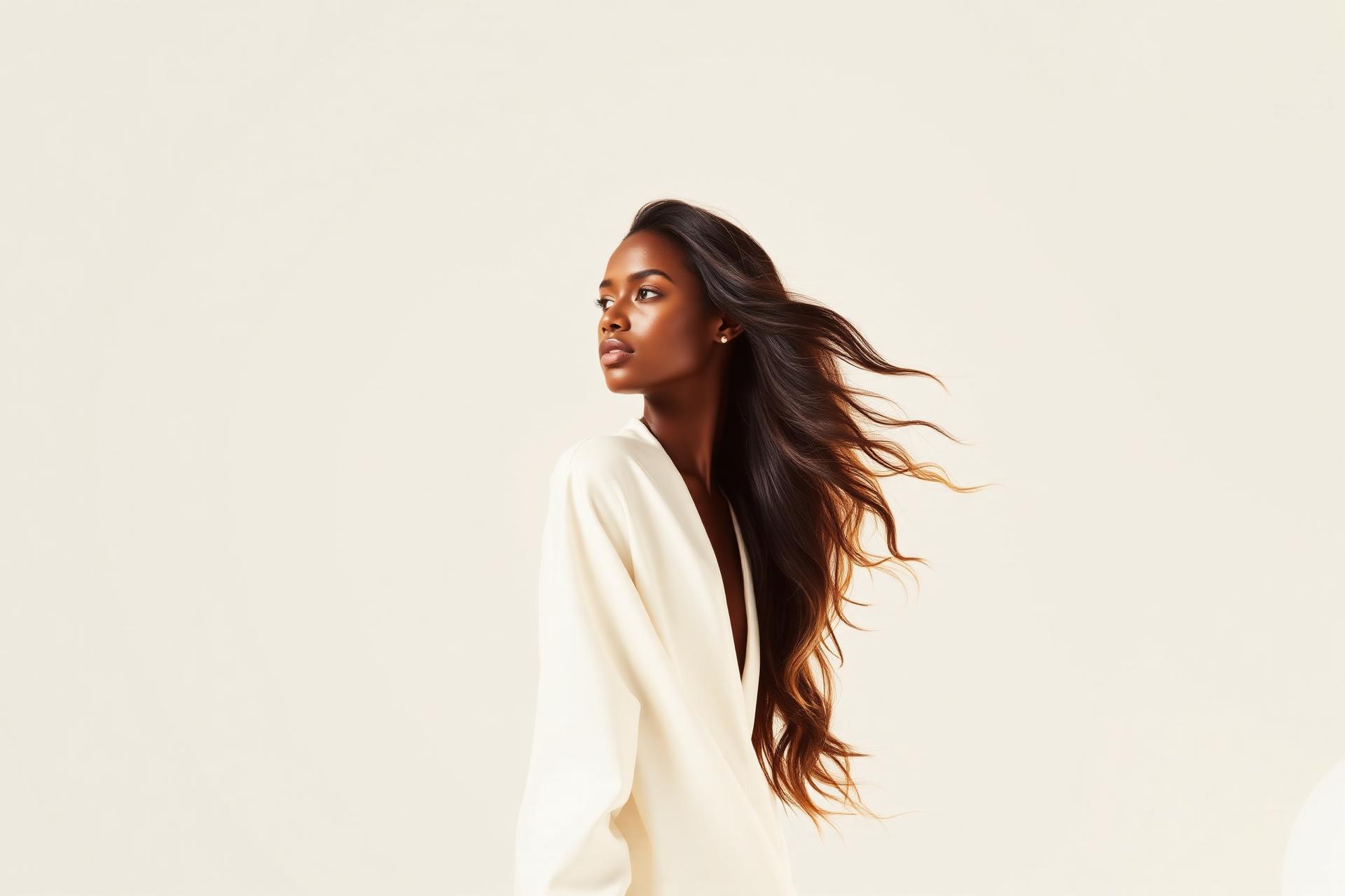 Editorial portrait with flowing virgin hair